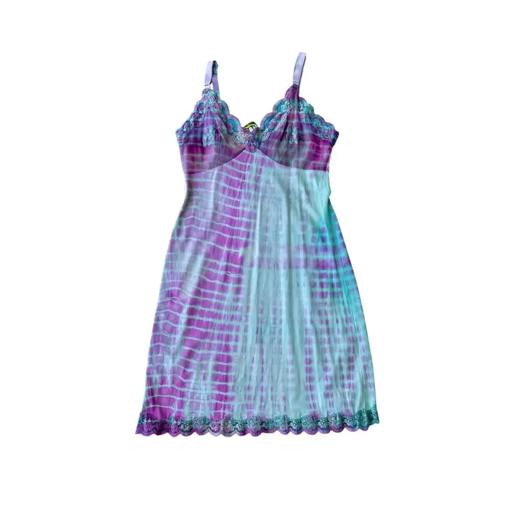 Vintage Hand Dyed Teal Pink Slip Dress Shibori Reworked Upcycled Lingerie 60s